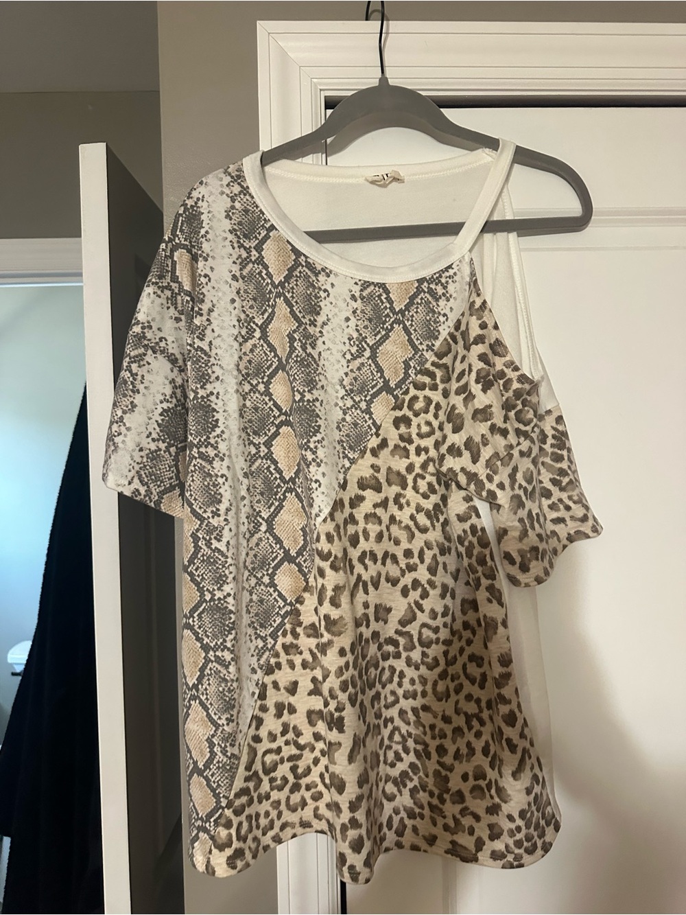 BiBi Beige and White Mixed Animal Print Cold-Shoulder Top